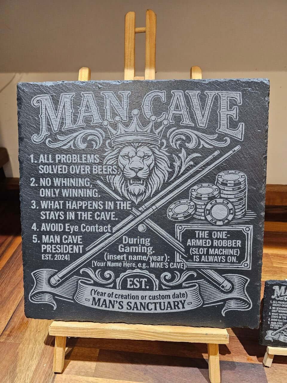 Personalised man cave slate plaque featuring unique laser engraved design with humorous rules and traditions.