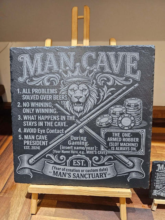 Personalised man cave slate plaque featuring unique laser engraved design with humorous rules and traditions.