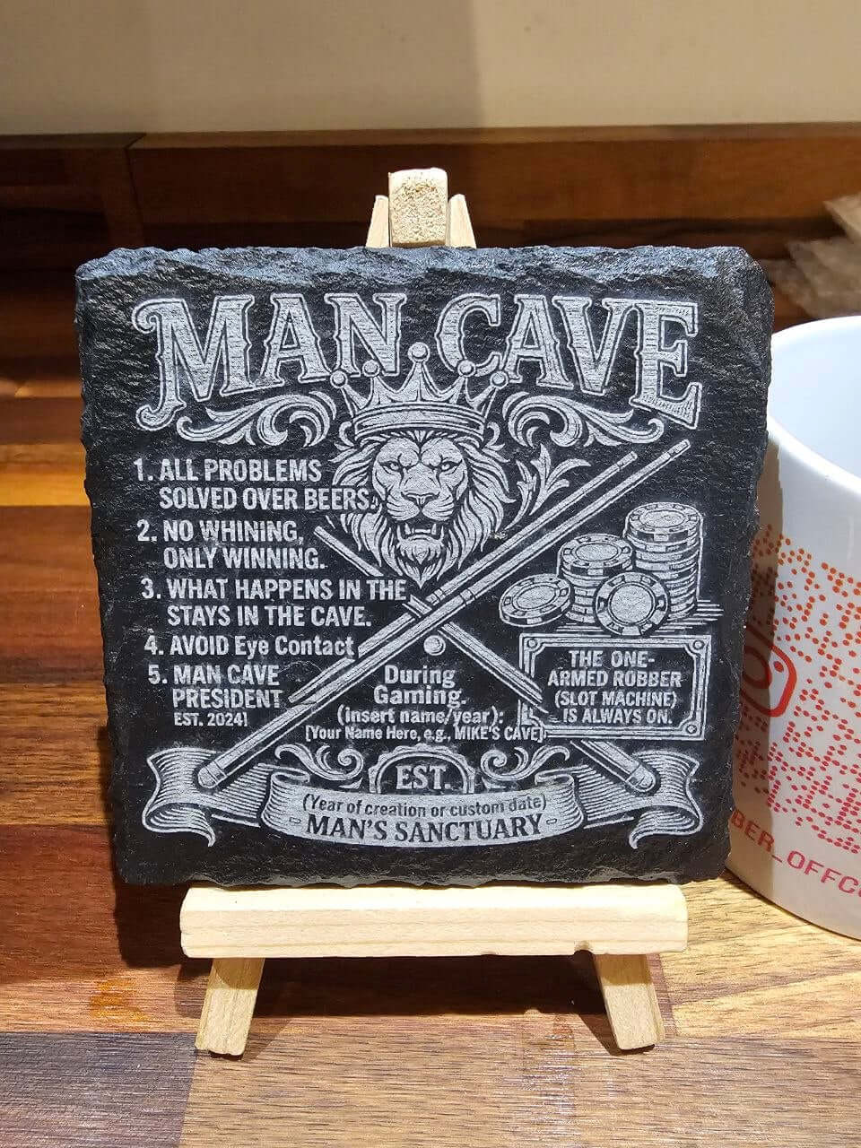 Personalised Man Cave Slate Coaster 10cm x 10cm with engraved lion and gaming rules design.