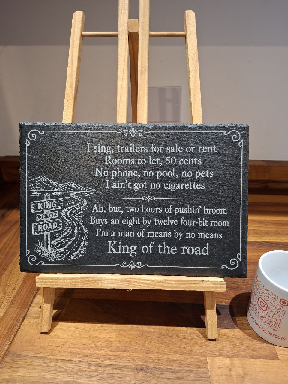 King of the Road Memorial Slate Plaque with engraved lyrics displayed on a stand