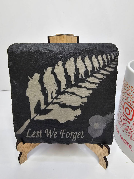 slate “Lest We Forget – Laser-Engraved Remembrance Slate Coasters 10cm