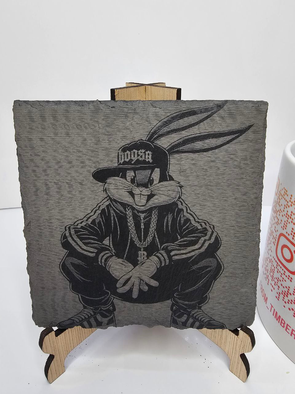 slate “Hip Hop Bunny Laser-Engraved Coasters – Set of 6 | 10cm x 10cm