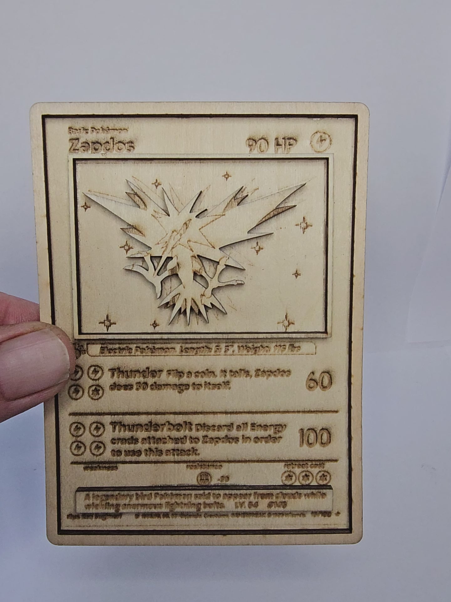 Zapdos 3D Wooden Pokémon Card | Laser Engraved Collectible | Base Set Style Display Plaque | Sizes 11cm–30cm | Handmade in the UK