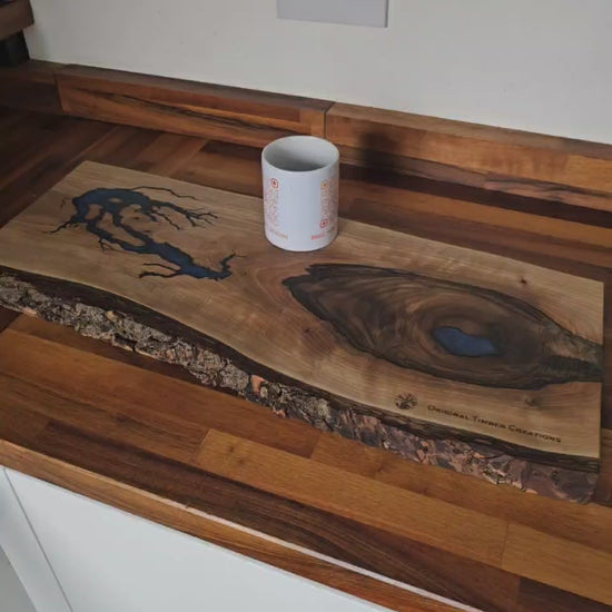 Large Olive Wood & Blue Epoxy Resin Chopping Board – Live Edge Handmade Board 845mm x 290mm x 32mm