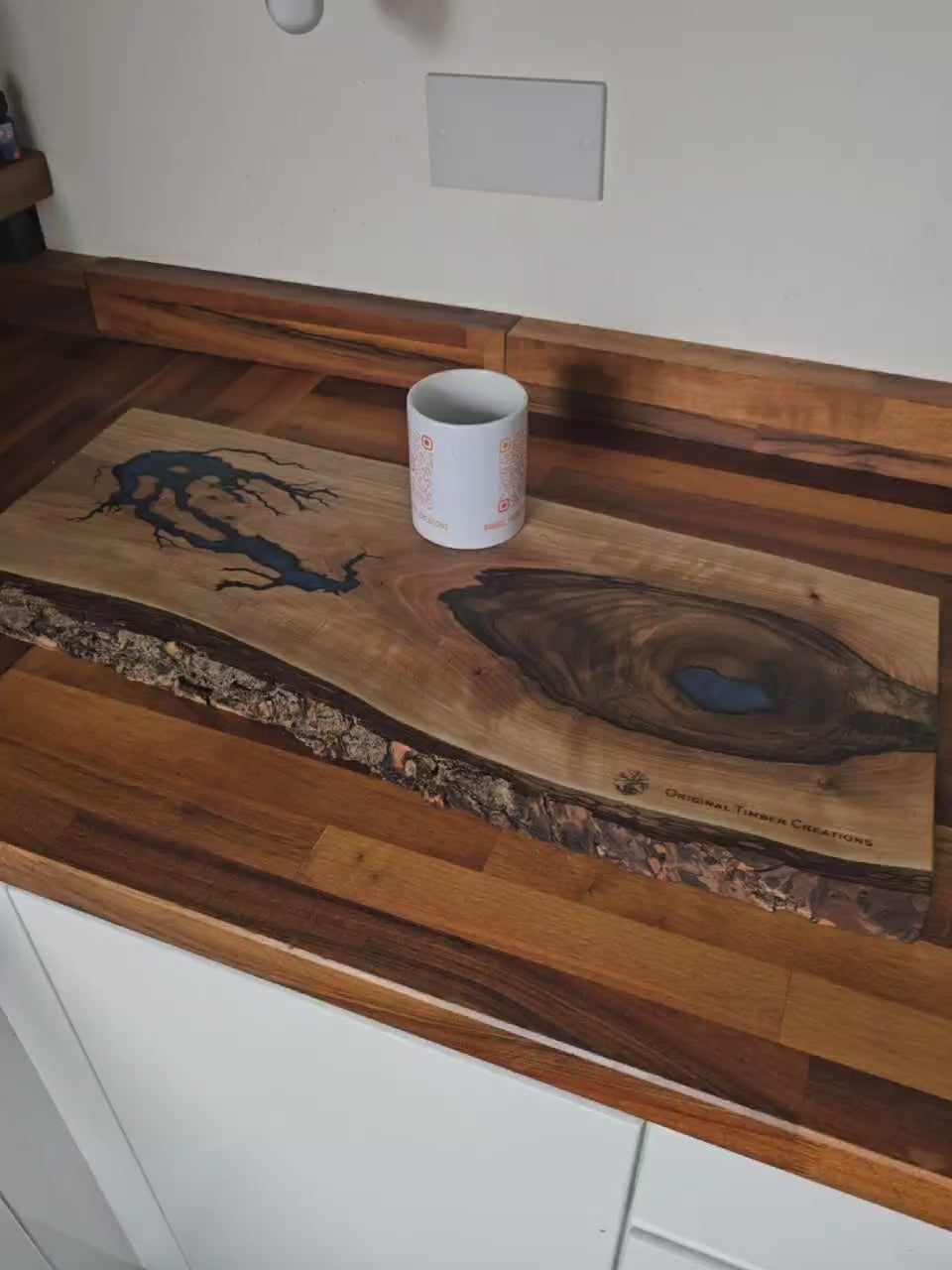 Large Olive Wood & Blue Epoxy Resin Chopping Board – Live Edge Handmade Board 845mm x 290mm x 32mm