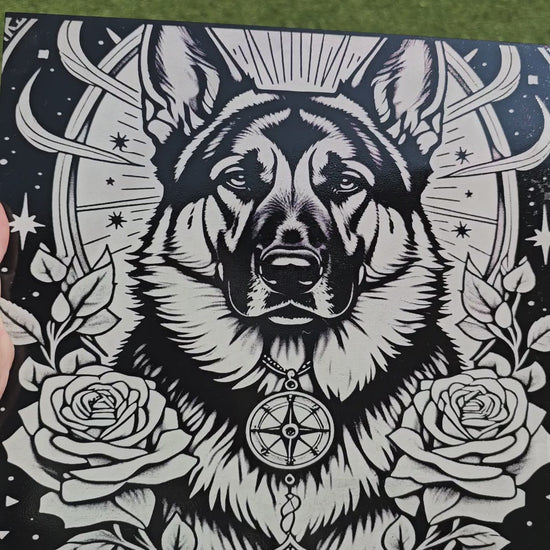 German Shepherd Spirit Animal Art – 30cm x 30cm Hand-Sprayed Ceramic Tile with Laser Engraving