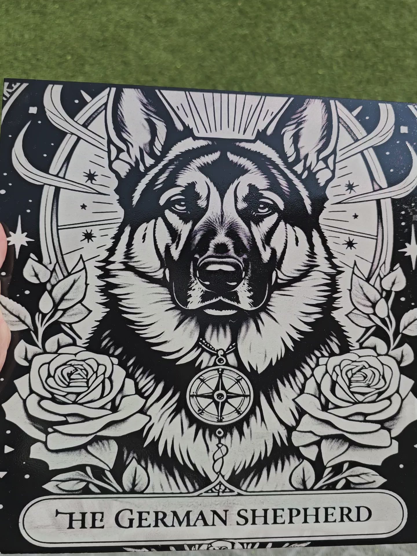 German Shepherd Spirit Animal Art – 30cm x 30cm Hand-Sprayed Ceramic Tile with Laser Engraving
