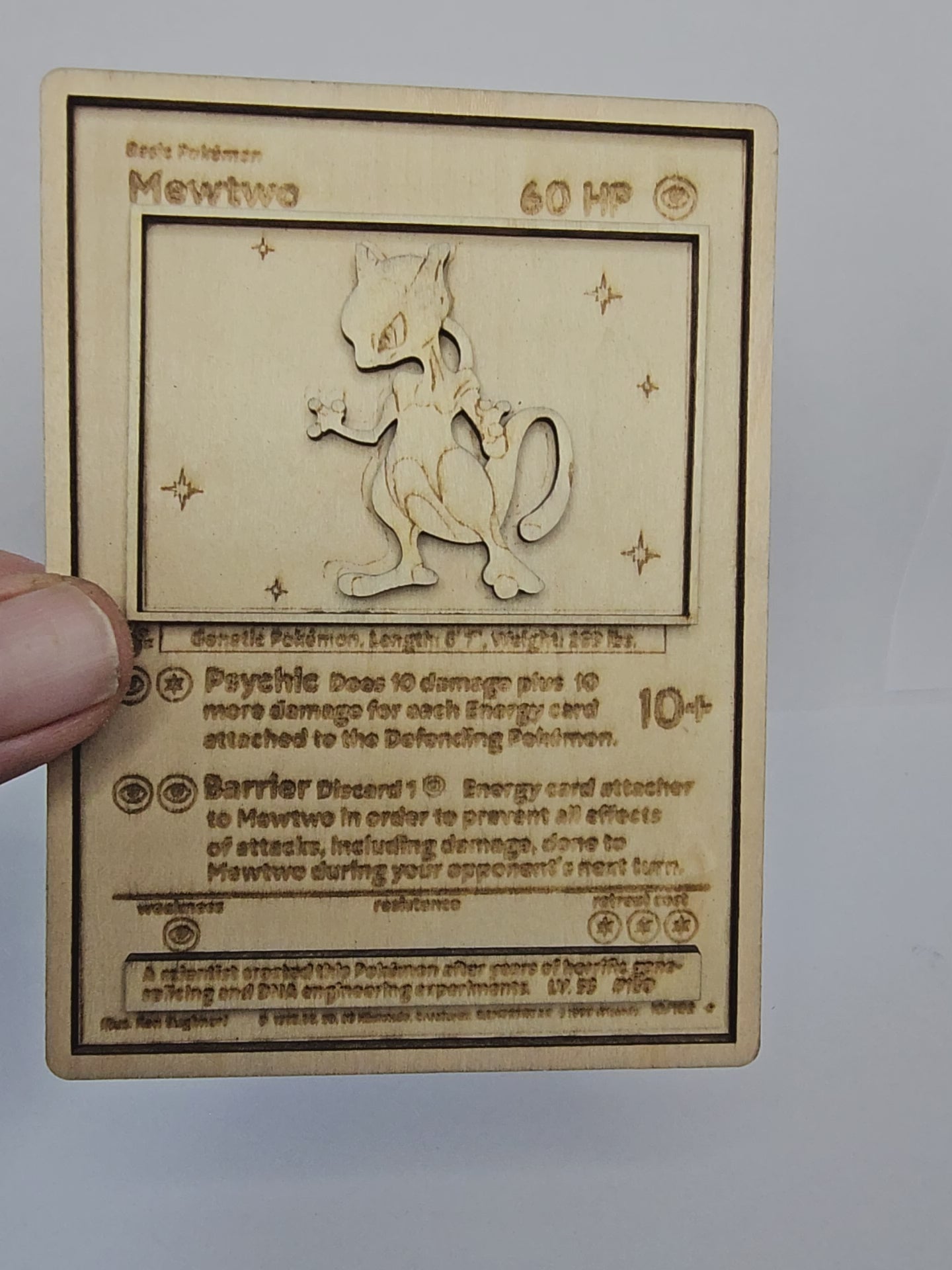 Mewtwo 3D Wooden Pokémon Card | Laser Engraved Base Set Design | Legendary Display Plaque | Sizes 11cm–30cm | Handmade in the UK