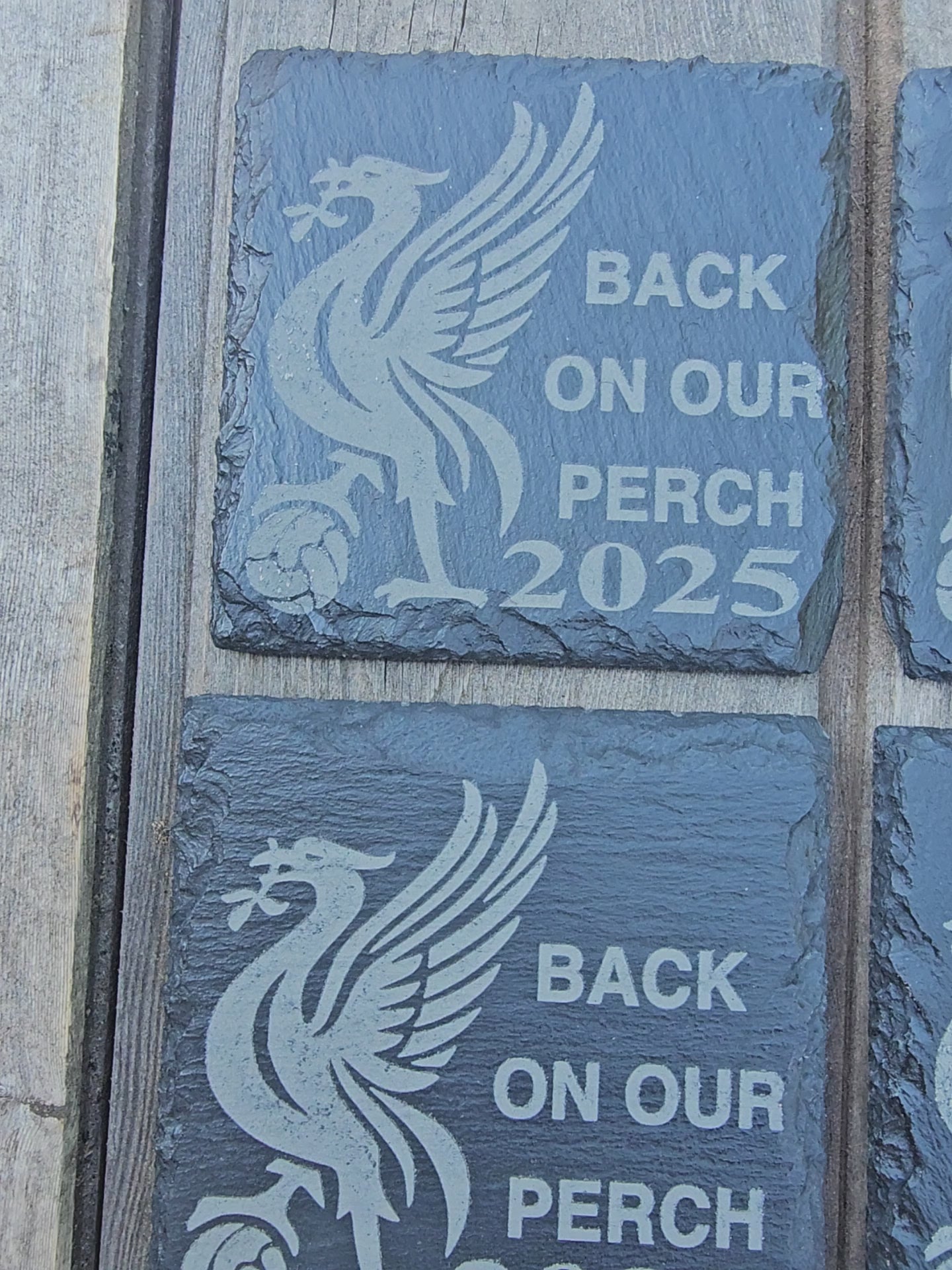 Set of 1, 4 or 6 Liverpool FC Slate Coasters – "Back On Our Perch 2025" | Laser Engraved LFC Gift Set | 10cm x 10cm | Made in the UK
